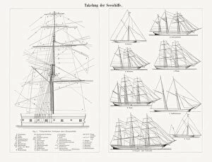 Transportation Gallery: Rigging of the sailing ships, wood engravings, published in 1897