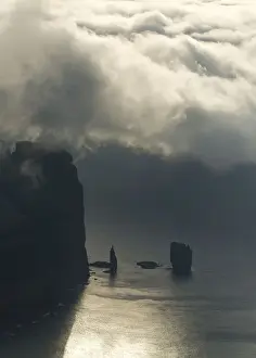 Stack Rock Prints: The Risin og Kellingin sea stacks and the Eioiskollur cliff in evening light