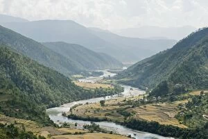 Mist Collection: River landscape, river meandering through a valley near Punakha, the Himalayas, Kingdom of Bhutan