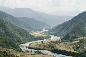 Stefan Auth Travel Photography Prints: River landscape, river meandering through a valley near Punakha