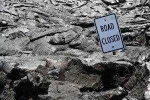 Road closed, a sign on a lava field in the eastern rift zone, Kilauea volcano, Big Island, Hawaii, USA