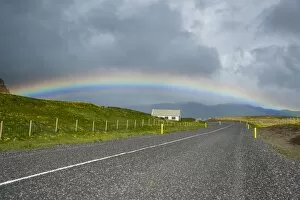 Road to Dyhrolaey, rainbow, house, south coast, Iceland, Europe