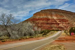 Road and rock formation in Jemez Valley, New Mexico, USA