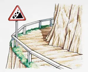 Road Sign Prints: Road sign at edge of mountain road, warning of falling rocks