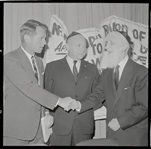 Yarmulke Prints: Robert Kennedy Shaking Hands With Rabbi Isaac Alcalay, as Senator Jacob Javits Looks On