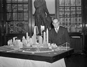 Robert Moses Looks at Model of New Bridge