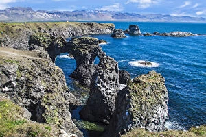 Images Dated 17th July 2010: Rock formations of west coast, Arnarstapi, Snaefellsjokull, Snaefellsnes Peninsula, Iceland