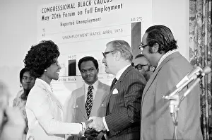 Prints of Congresswoman Shirley Chisholm (1924 - 2005) shakes hands with Vice President Nelson Rockefeller (1908 - 1979) as he addressed the Congressional Black Caucus forum on full employment, Washington, DC Unbought and Unbossed: The Trailblazing Legacy of Shirley Chisholm: Rockefeller Visits Congressional Black Caucus Forum On Full Employment