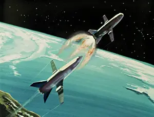 Rockets Zooming into Space Above Earth