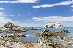Rocky coast with a view towards Panau Island, Kaikoura, Canterbury Region, New Zealand