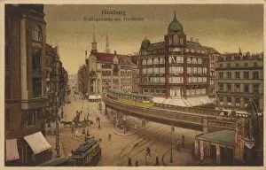 Roedingsmarkt with elevated railway, Hamburg, Germany, postcard with text, view around ca 1910, historical, digital reproduction of a historical postcard, public domain, from that time, exact date unknown