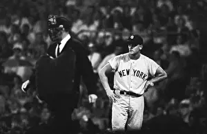 Roger Maris looks at umpire during game