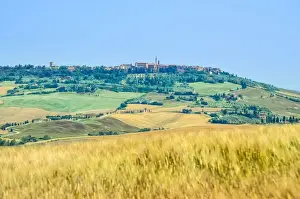 Pienza Prints: Rolling landscape in Val d Orcia, Tuscany, with Pienza in the background, Italy