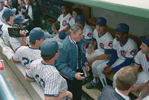 Ronald Reagan Visiting Chicago Cubs in Dugout