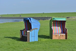 Images Dated 11th October 2014: Roofed wicker beach chairs at the Horn swimming spot, Pellworm, North Frisia, Schleswig-Holstein