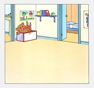 Household Prints: A room with toys, bedroom, bathroom visible in adjacent rooms, illustration