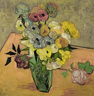 Prints of NETHERLANDS - JANUARY 01: Roses et anemones. Oil on canvas (June 1890). Artist : Vincent van Gogh (1853 - 1890). 51, 7 x 52 cm. R.F. 1954-12. (Photo by Imagno/Getty Images) [Roses et anemones Quiet Beauty: Moments of Stillness Captured in Art: Roses et anemones
