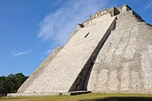 Yucatan Prints: Rounded Mayan Step Pyramid with Blue Sky, Uxmal