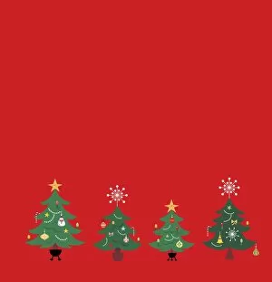 Bright Gallery: Row of four decorated Christmas trees against red background