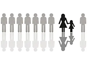 Pictogram Prints: Row of grey male pictogram figures with a single black female figure with a child