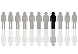 Row of grey pictogram figures with a single black figure, symbolic image for an outsider