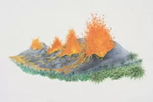 Volcano Collection: Row of volcanoes erupting simultaneously