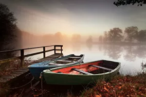 Rowing boats moored on banks of wooded lake