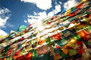 Rows of Colorful Prayer Flags in Mount Everest Sun