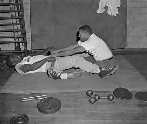 Roy Campanella and Jackie Robinson Exercising with Baseball Bat