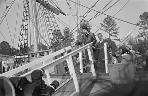 Prints of JAMESTOWN, VA - OCTOBER 16: Queen Elizabeth II and Prince Philip, Duke of Edinburgh tour one of the reproduction ships moored the pier at Jamestown Festival Park in Jamestown, Virginia Queen Elizabeth II Prints: Royal Visit To Virginia