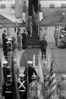 Prints of WILLIAMSBURG, VA - DECEMBER 1958: Queen Elizabeth II and Prince Philip, Duke of Edinburgh arrive at Patrick Henry Airport (Now Newport News/ Williamsburg International Airport) on October 16 Queen Elizabeth II Prints: Royal Visit To Virginia