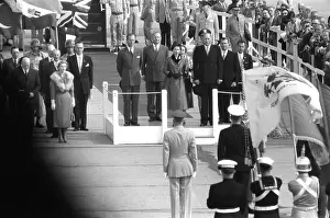 Prints of WILLIAMSBURG, VA - OCTOBER 16: Queen Elizabeth II and Prince Philip, Duke of Edinburgh are welcomed by Governor Thomas B Queen Elizabeth II Prints: Royal Visit To Virginia