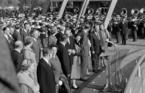 Prints of JAMESTOWN, VA - OCTOBER 16: Queen Elizabeth II and Prince Philip, Duke of Edinburgh along with Governor Thomas B Queen Elizabeth II Prints: Royal Visit To Virginia