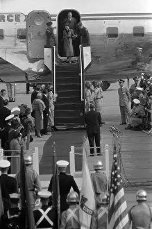 Prints of WILLIAMSBURG, VA - DECEMBER 1958: Queen Elizabeth II and Prince Philip, Duke of Edinburgh arrive at Patrick Henry Airport (Now Newport News/ Williamsburg International Airport) on October 16 Queen Elizabeth II Prints: Royal Visit To Virginia
