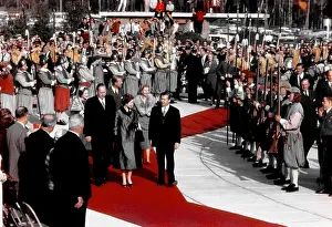 Prints of JAMESTOWN, VA - OCTOBER 16: Queen Elizabeth II and Prince Philip, Duke of Edinburgh along with Governor Thomas B Queen Elizabeth II Prints: Royal Visit To Virginia