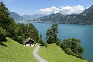 Ruetli, the founding site of Switzerland, with the Kleiner Mythen and Grosser Mythen mountains, Brunnen, Switzerland