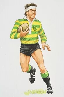 Rugby player running while holding ball, front view