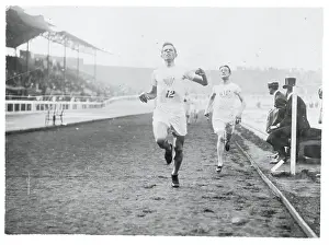 Prints of (Original Caption). Olympic Games, London, England 1908- 1500 meter flat race finish Melvin Sheppard, 1st U.S.A. and Harold Wilson, 2nd Britain Capturing Glory: A Journey Through Olympic History: Runners Finishing Race