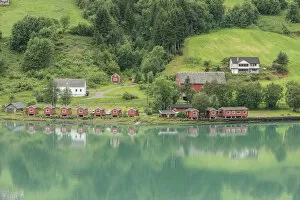 Images Dated 23rd July 2011: Rural scene with wooden buildings by fjord, Architecture, Olden, Norway