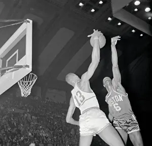 Bill Russell Prints: Bill Russell and Wilt Chamberlain battling at Basketball Net