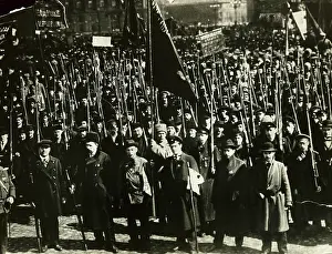 March Prints: Russians with Flags Marching in Street