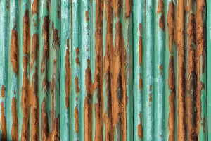 Weather Gallery: Rusty, green-painted corrugated iron wall, Faroe Islands, Faroe Islands, Denmark