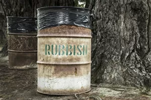 Rusty tin rubbish bin with word rubbish next to a gnarled tree, New Zealand