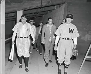 Prints of American baseball players Babe Ruth (1895 - 1948) (born George Herman Ruth Jr), in his former New York Yankees uniform, and Walter Johnson (1887 - 1946), in his former Washington Senators uniform MLB Legends Art Prints: Top 10 Greatest Baseball Players of All Time: Ruth & Johnson In Yankee Stadium