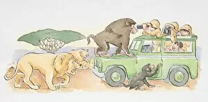 A safari jeep with monkeys climbing on it, lions following close behind