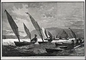 Club Prints: Sailing Race; Woodcut; Single Men In Boats