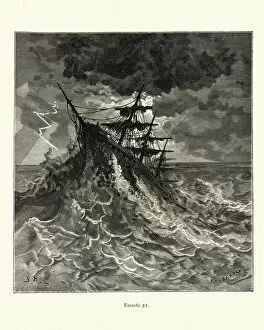 Images Dated 22nd August 2019: Sailing ship riding giant waves in a storm