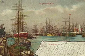 Sailing ships in the harbour, Hamburg, Germany, postcard with text, view around ca 1910, historical, digital reproduction of a historical postcard, public domain, from that time, exact date unknown
