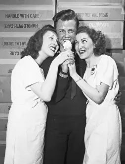 Cardboard Box Prints: Sailor and Two Women Eating Ice Cream Cone