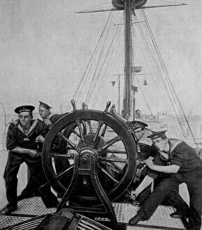 Mobility Collection: Sailors at the helm, steering wheel of a ship, in Kiel, Germany, photo from 1903, Historic